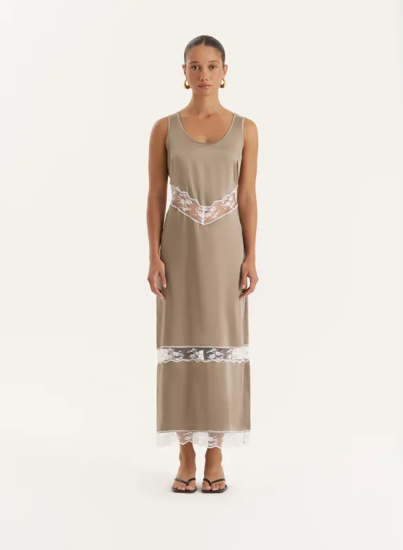 Khaki Satin Lace Cut Out Maxi Dress sold by 4th and Reckless