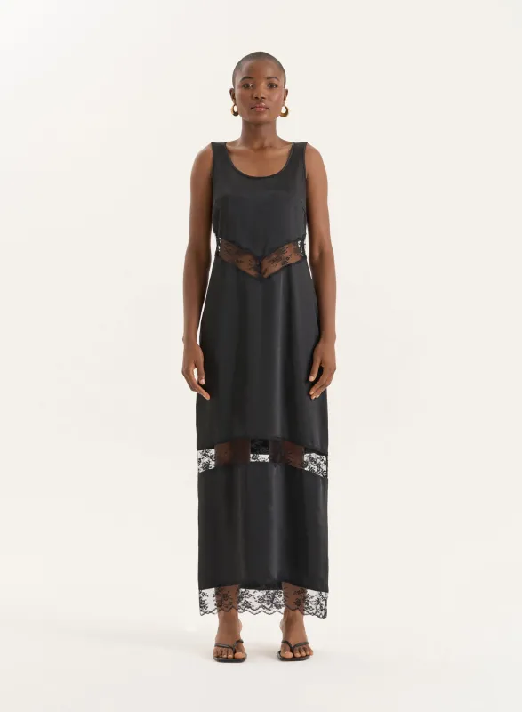 Black Satin Lace Cut Out Maxi Dress sold by 4th and Reckless