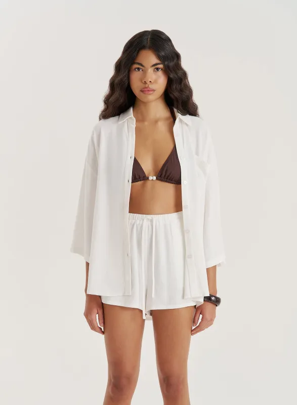 White Linen Blend Short Sleeve Shirt sold by 4th and Reckless