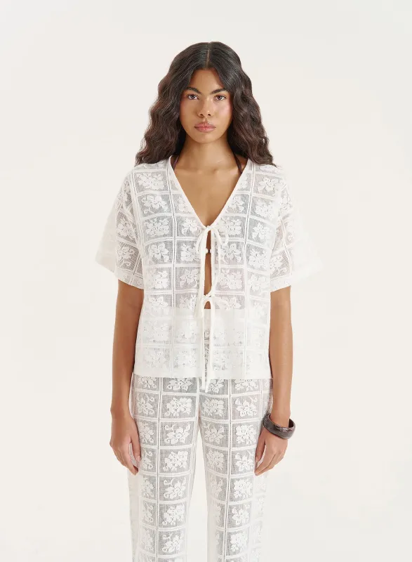 White Crochet Lace Tie Front Top- Loli sold by 4th and Reckless
