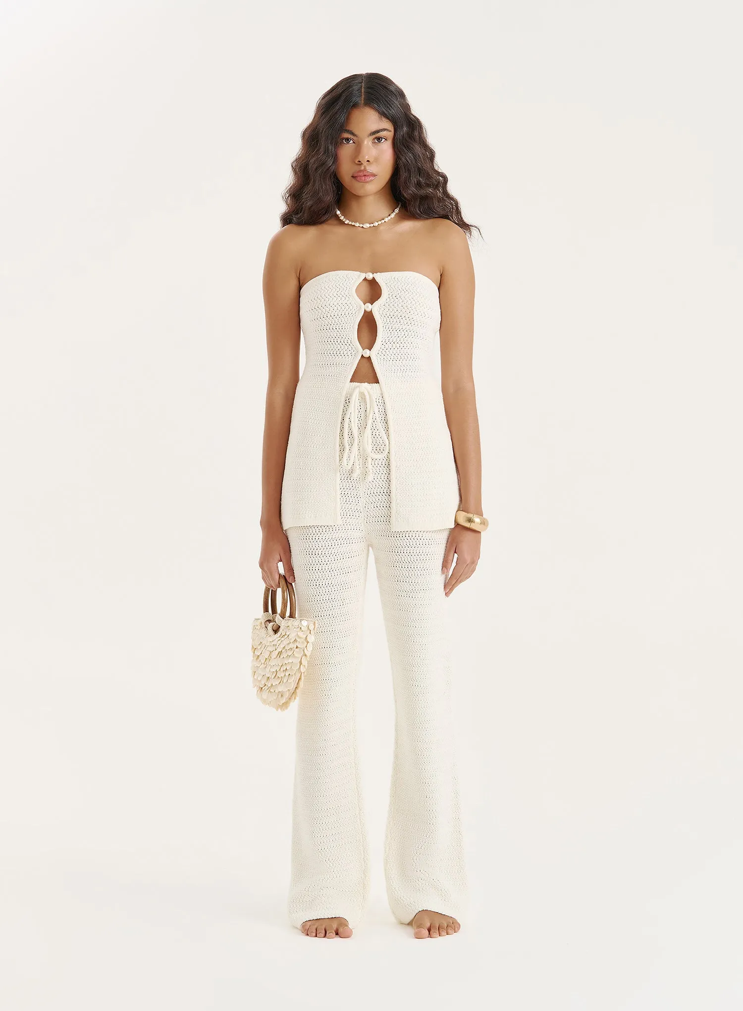 Cream Knitted Pearl Trim Tie Waisted Trouser- Gigi sold by 4th and Reckless