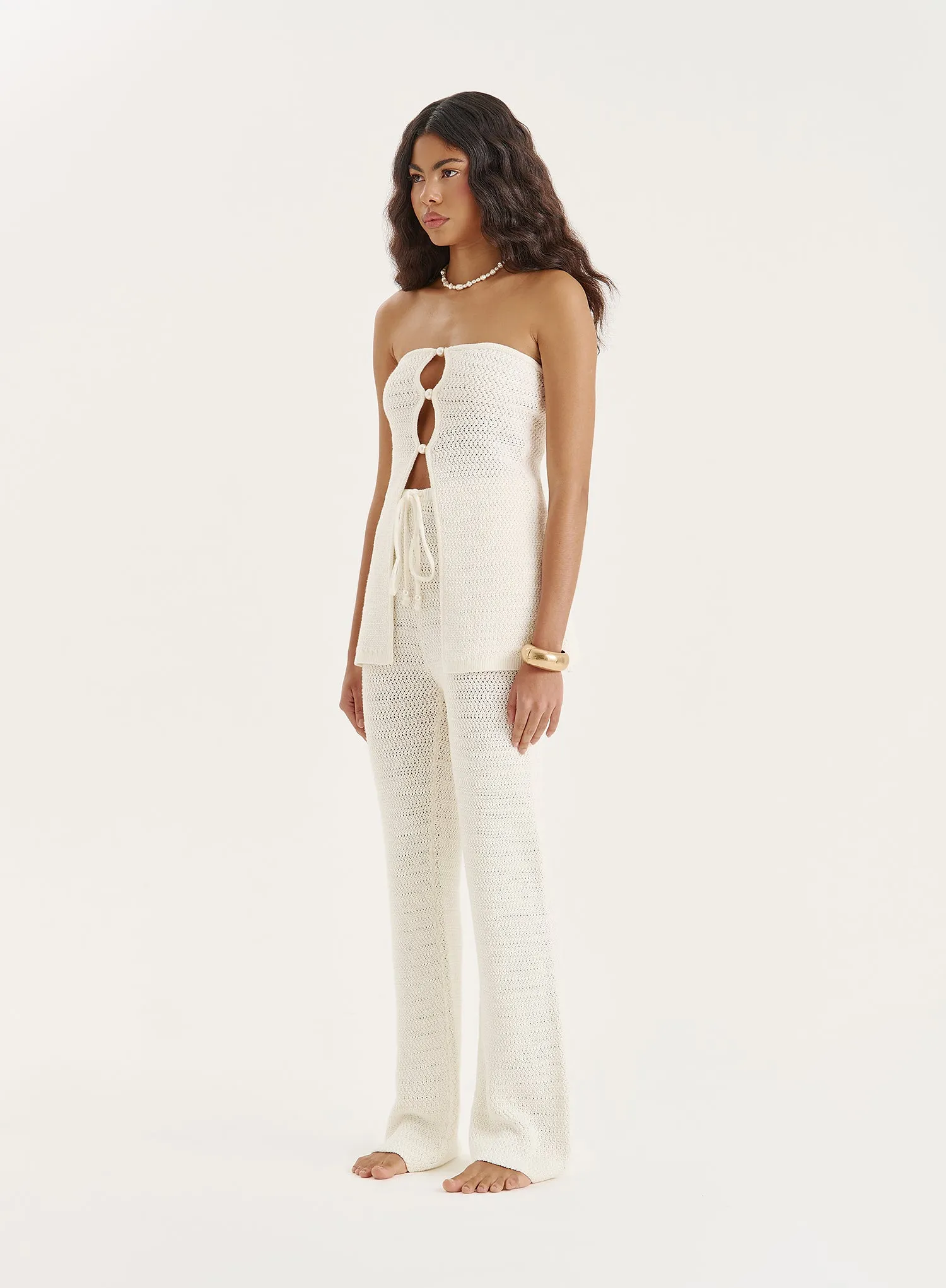 Cream Knitted Pearl Trim Tie Waisted Trouser- Gigi sold by 4th and Reckless product image thumbnail 2