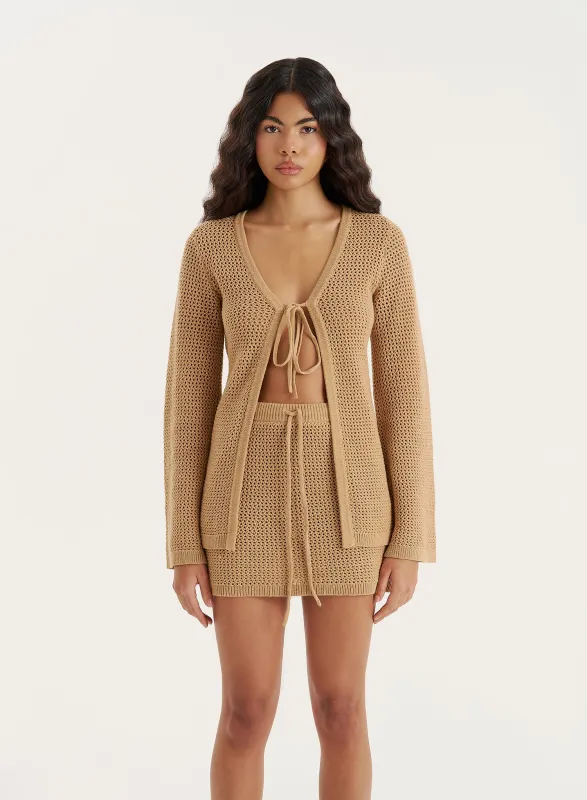 Beige Knitted Tie Front Long Sleeve Top sold by 4th and Reckless