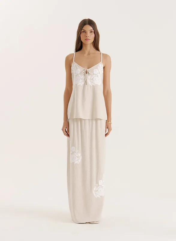 Beige Linen Blend Flower Detail Maxi Skirt- Dori sold by 4th and Reckless