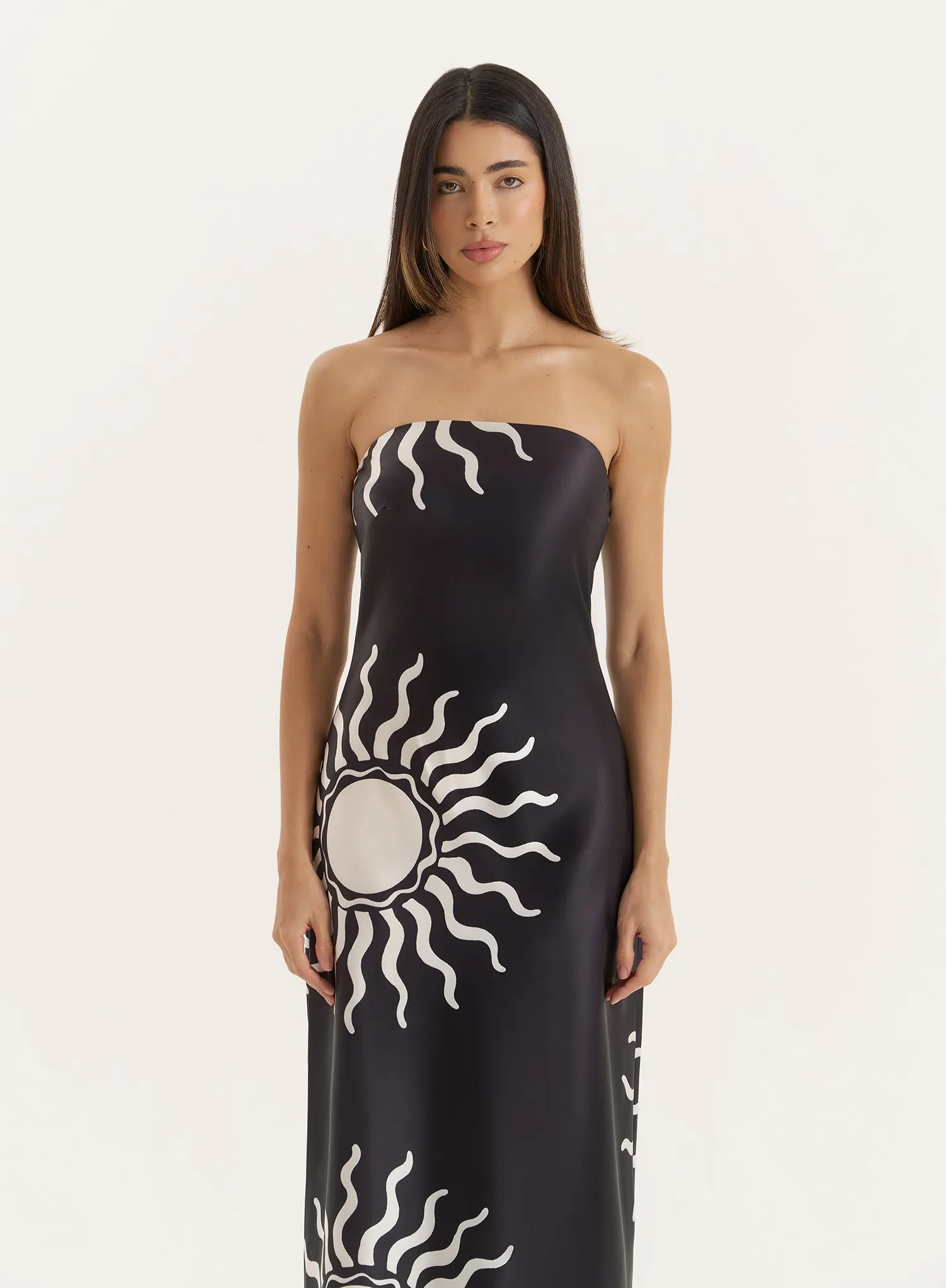 Black Sun Print Bandeau Satin Maxi Dress sold by 4th and Reckless product image thumbnail 3