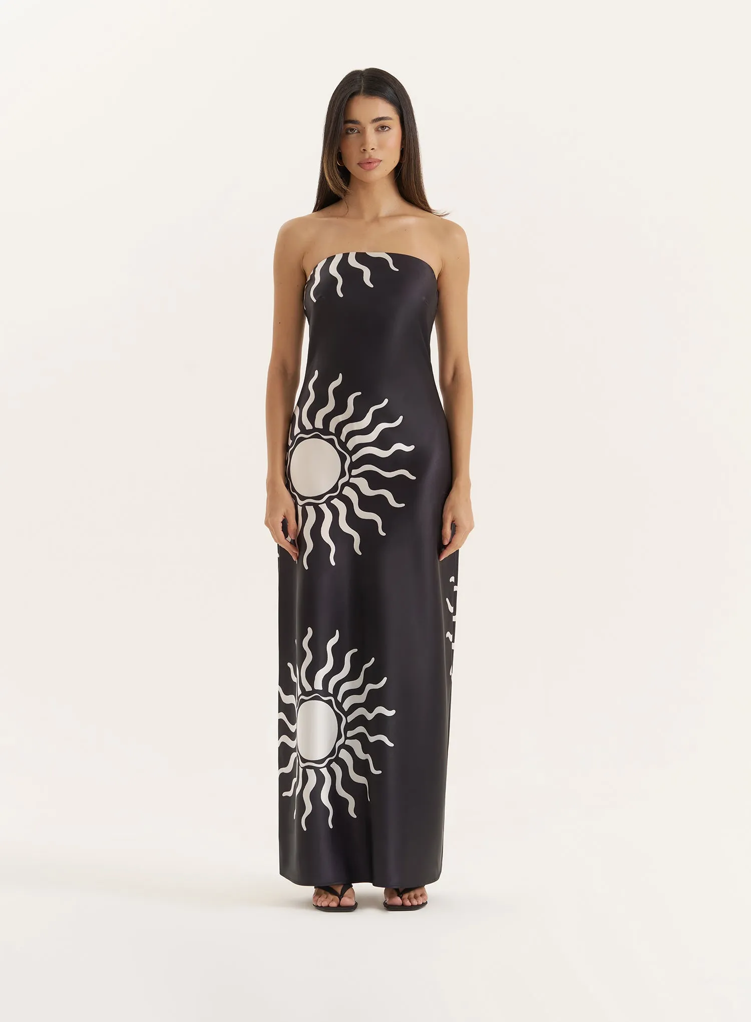 Black Sun Print Bandeau Satin Maxi Dress sold by 4th and Reckless
