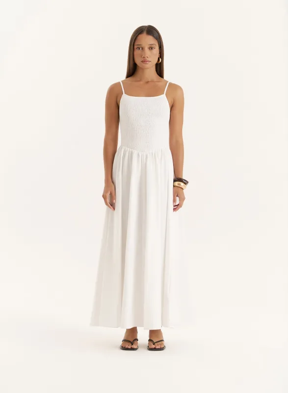 White Shirred Cotton Maxi Dress- Milano sold by 4th and Reckless