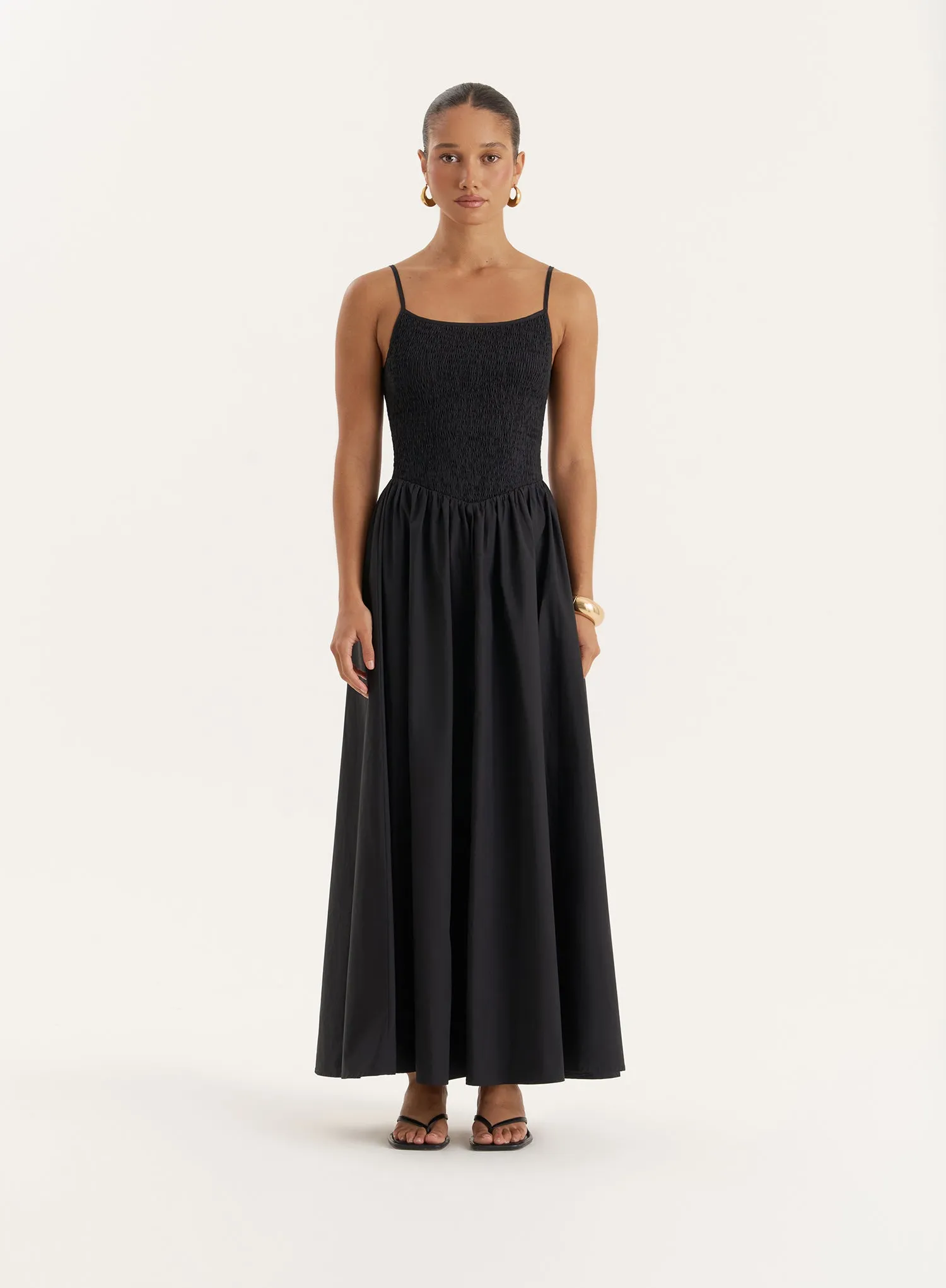 Black Shirred Cotton Maxi Dress- Milano sold by 4th and Reckless
