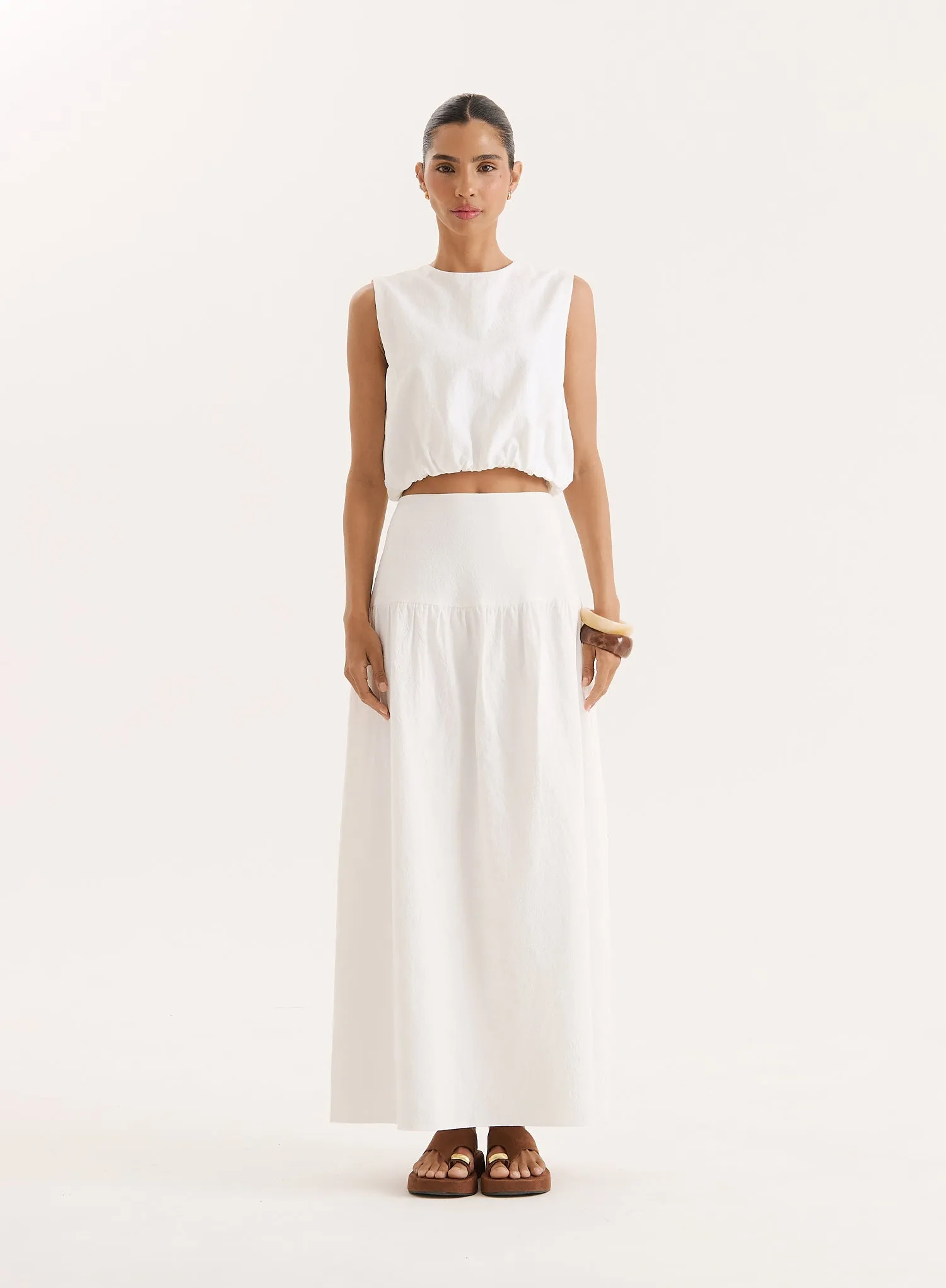 White Cotton Drop Waist Maxi Skirt- Selene sold by 4th and Reckless
