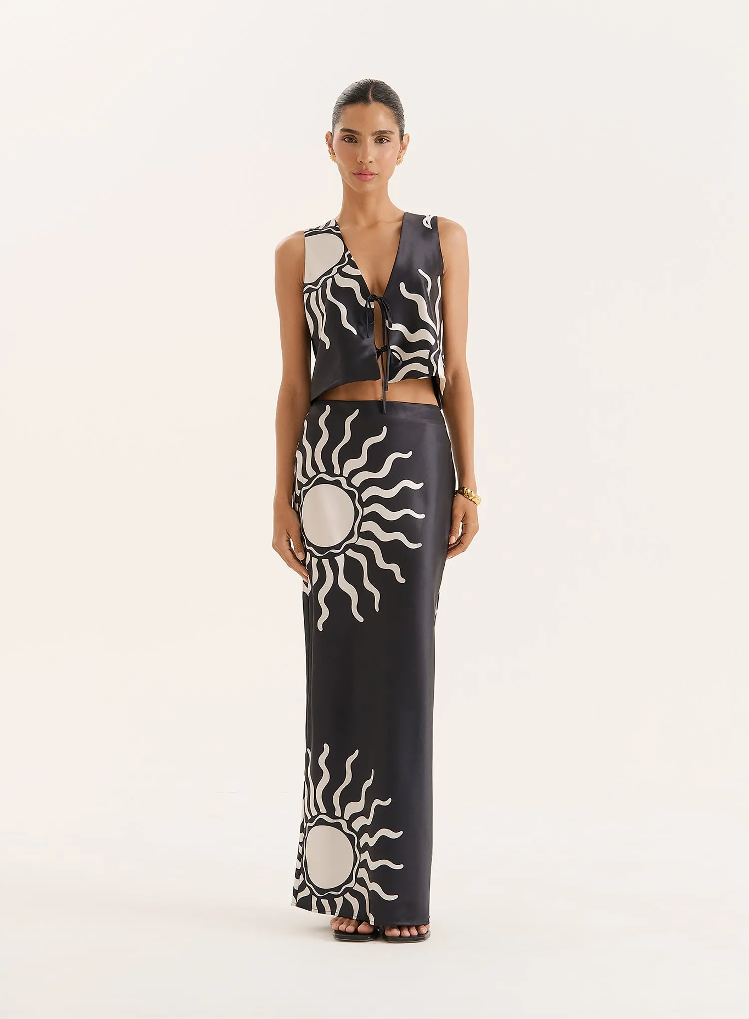 Black Sun Print Satin Maxi Skirt sold by 4th and Reckless