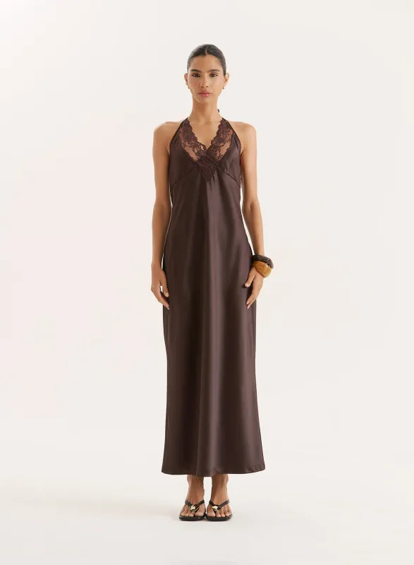 Chocolate Lace Trim Halterneck Satin Maxi Dress sold by 4th and Reckless