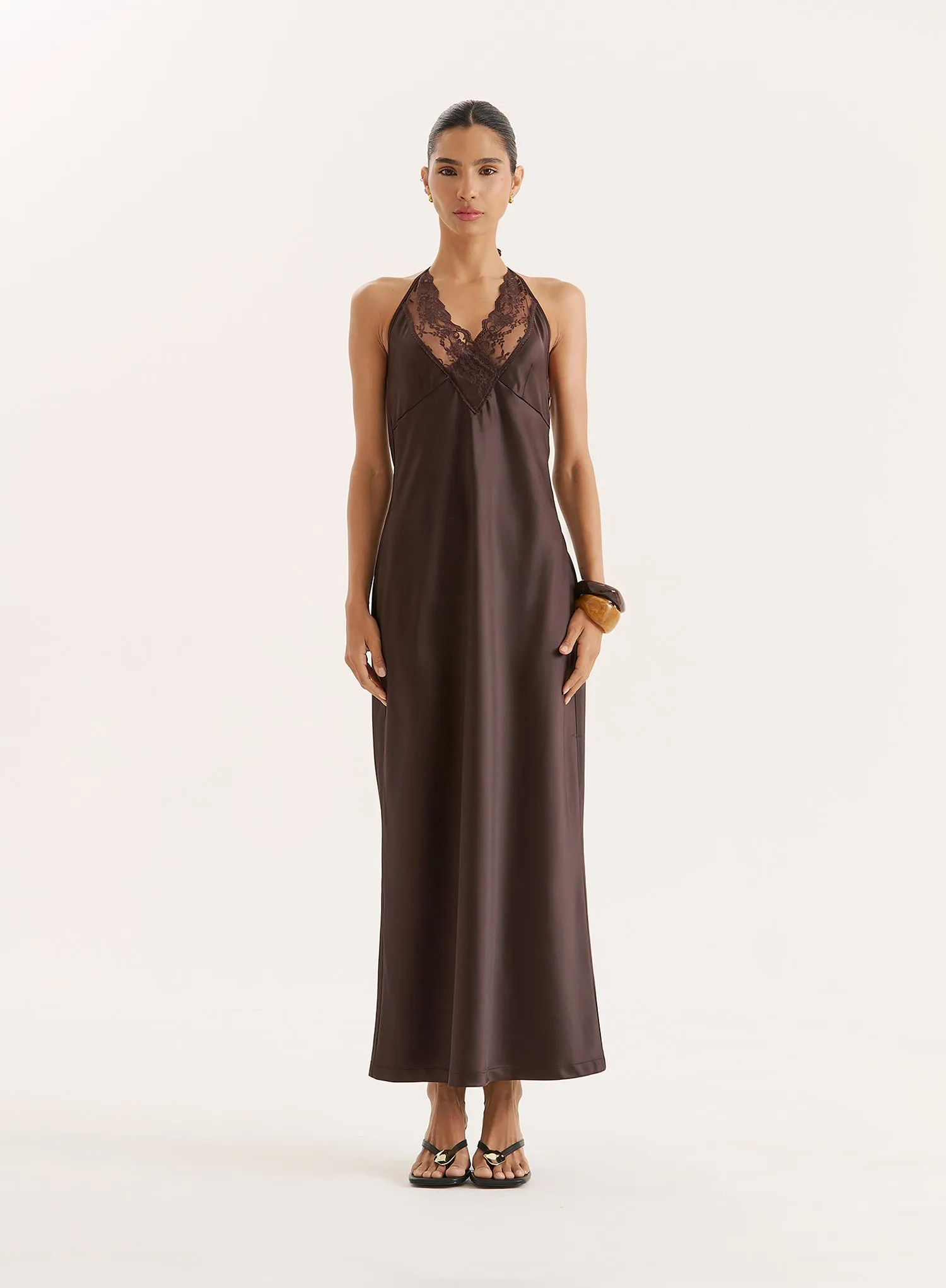 Chocolate Lace Trim Halterneck Satin Maxi Dress sold by 4th and Reckless