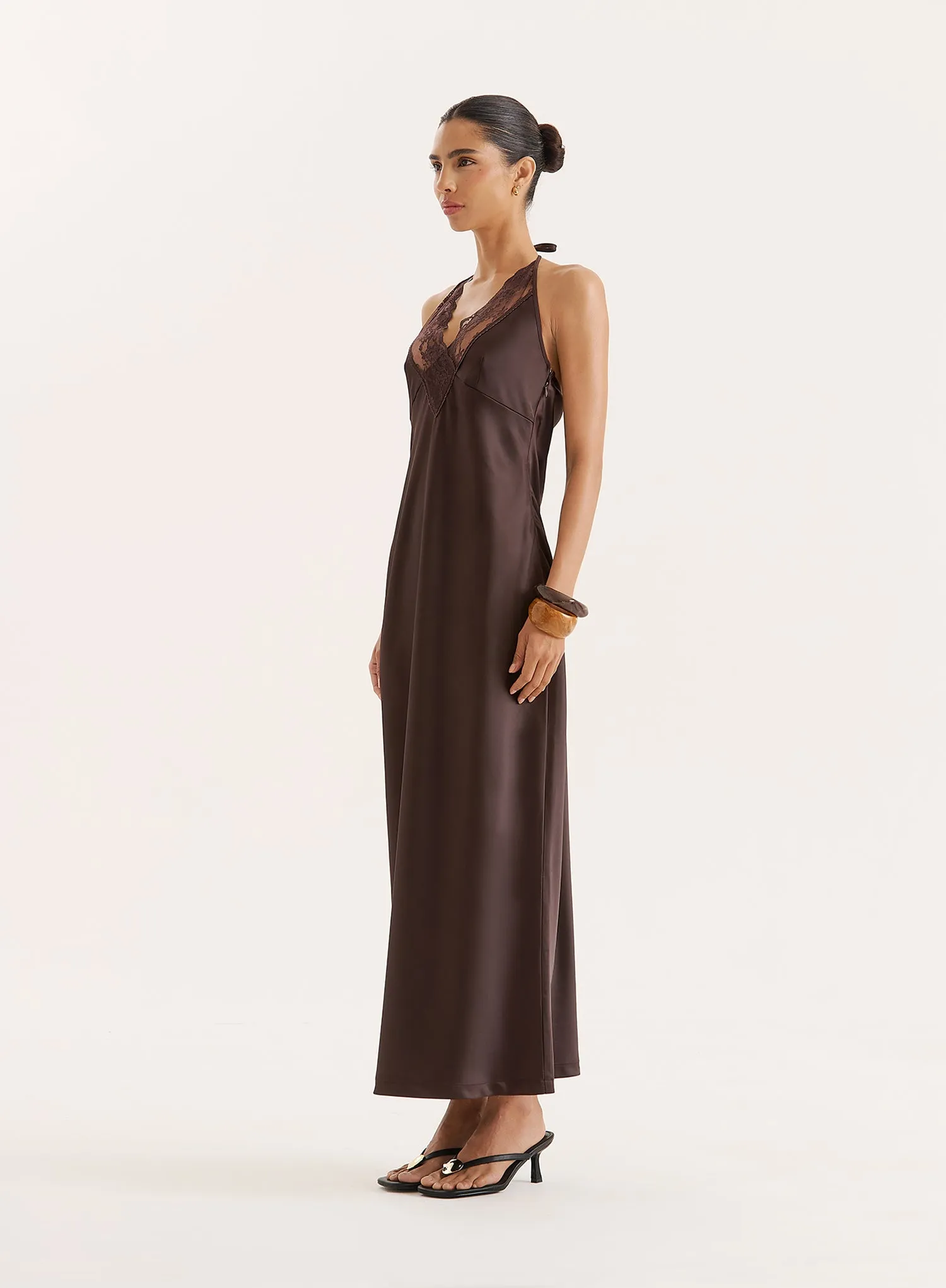 Chocolate Lace Trim Halterneck Satin Maxi Dress sold by 4th and Reckless product image thumbnail 2