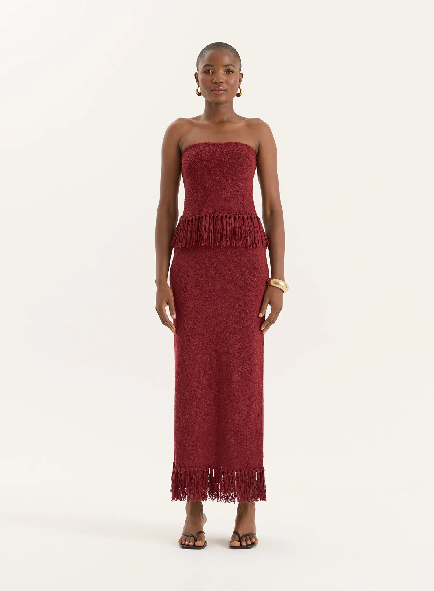 Burgundy Tassel Trim Knitted Maxi Skirt sold by 4th and Reckless
