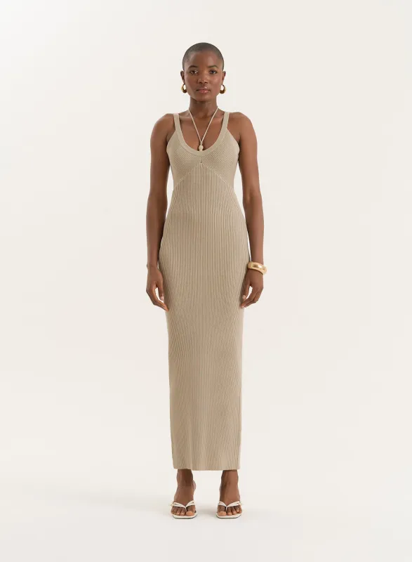 Beige Knitted Halterneck Detail Maxi Dress sold by 4th and Reckless