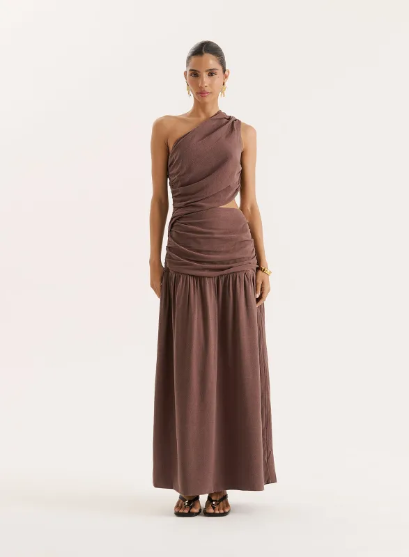 Brown Linen Blend One Shoulder Maxi Dress- Yara sold by 4th and Reckless