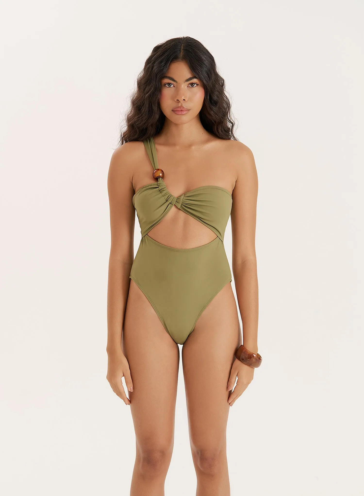 Olive Bead Detail One Shoulder Cut Out Swimsuit sold by 4th and Reckless product image thumbnail 5