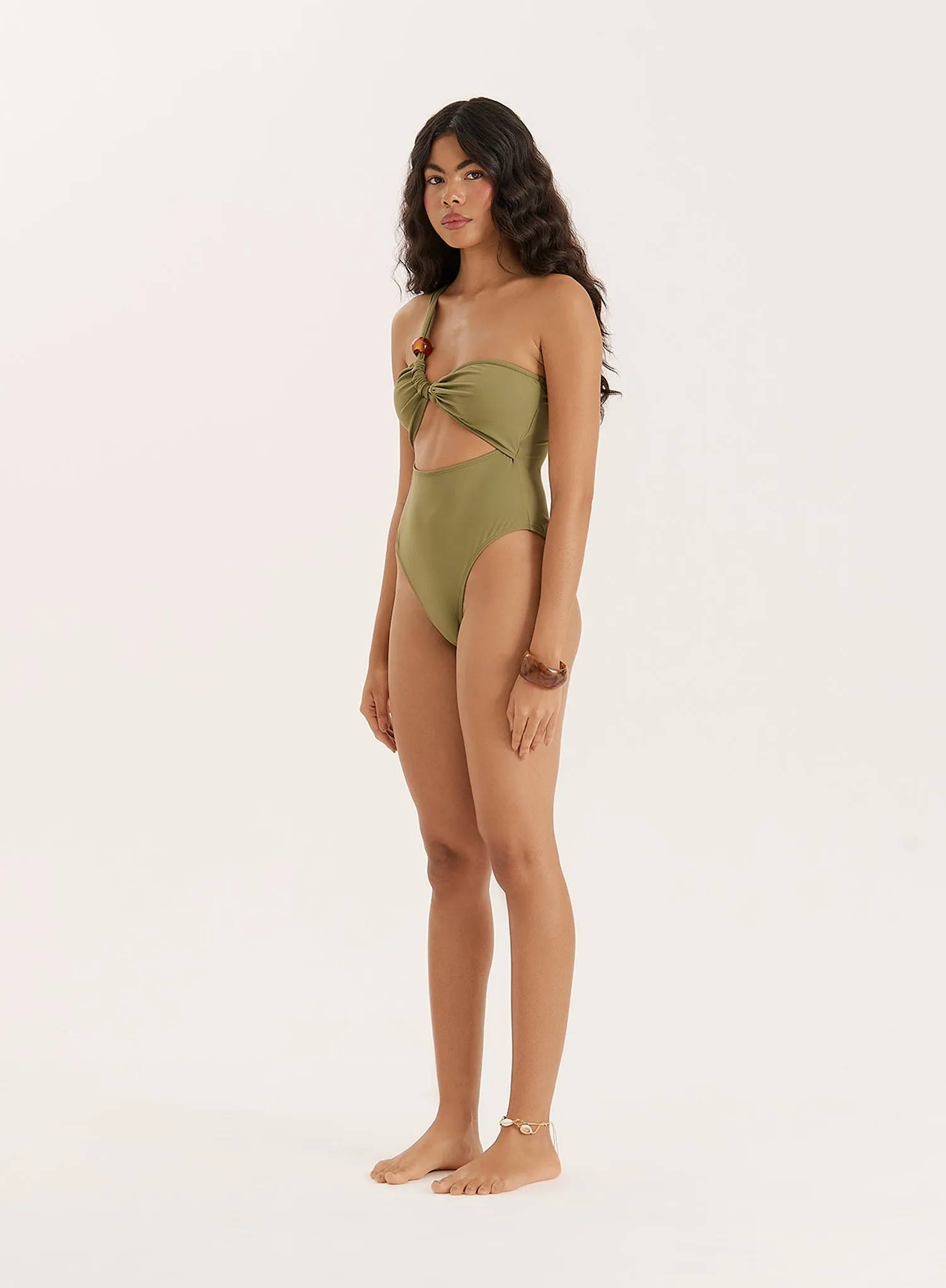 Olive Bead Detail One Shoulder Cut Out Swimsuit sold by 4th and Reckless product image thumbnail 3