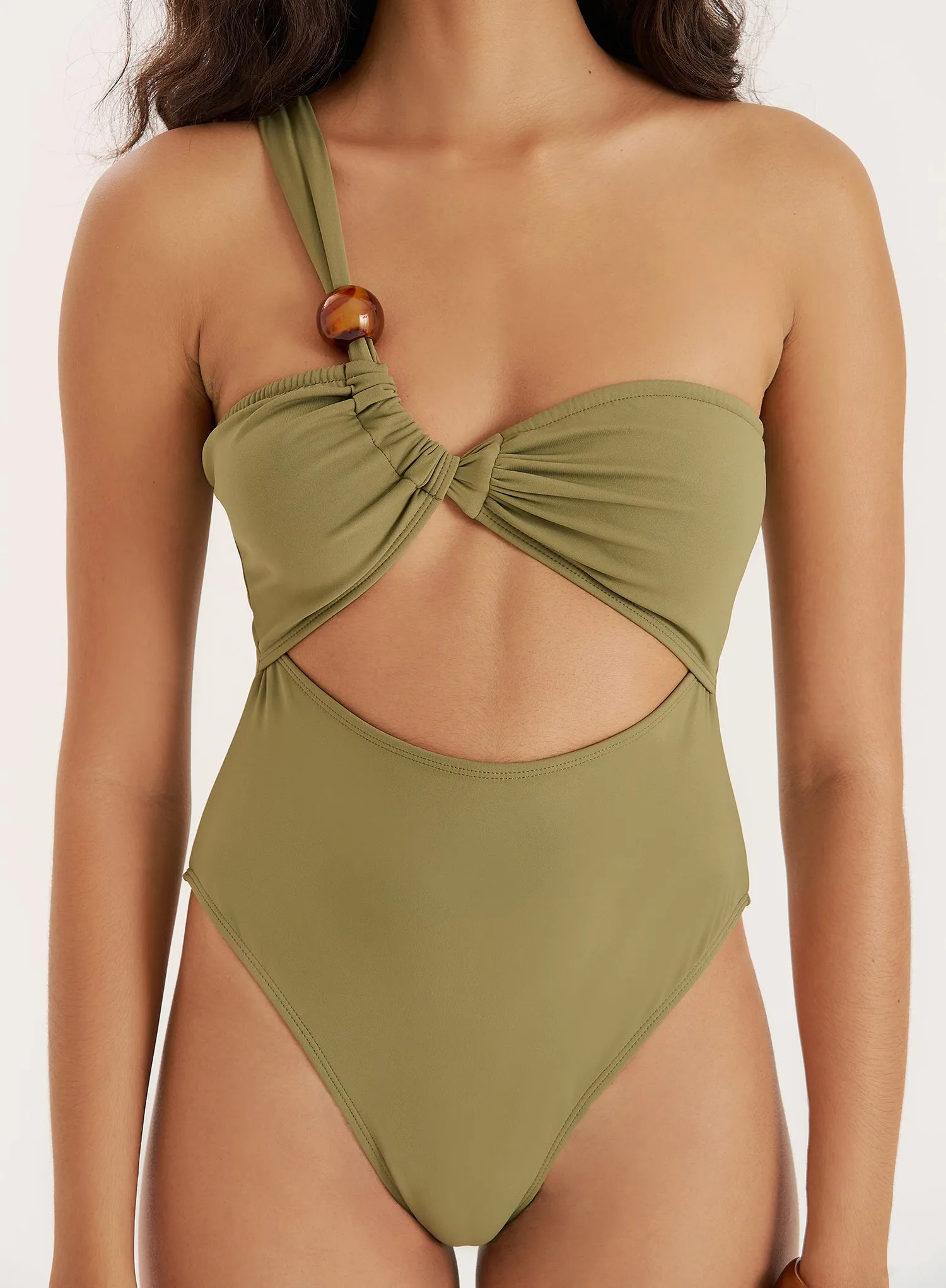 Olive Bead Detail One Shoulder Cut Out Swimsuit sold by 4th and Reckless product image thumbnail 4