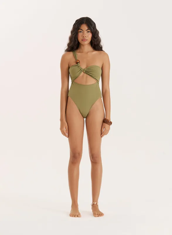 Olive Bead Detail One Shoulder Cut Out Swimsuit made by 4th and Reckless