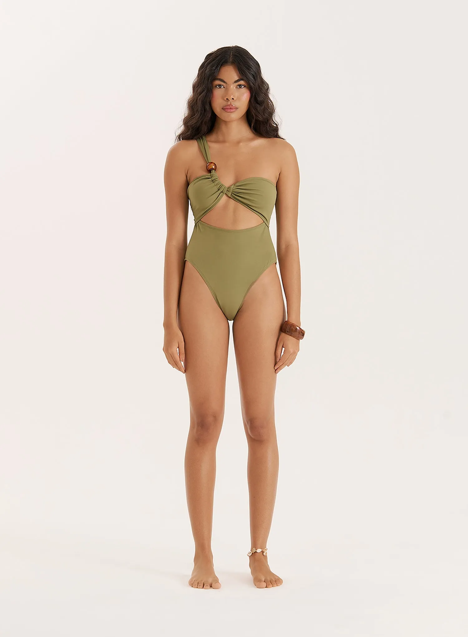 Olive Bead Detail One Shoulder Cut Out Swimsuit sold by 4th and Reckless