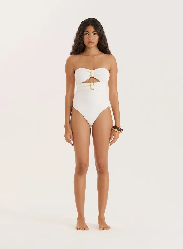 White Crinkle Gold Hardware Cut Out Swimsuit- Raya sold by 4th and Reckless