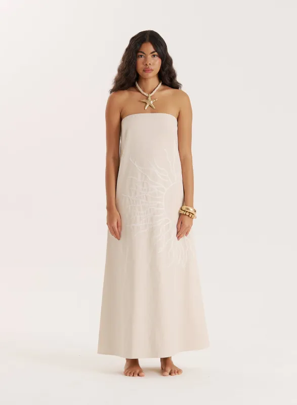 Cream Sun Embroidery Linen Blend Bandeau Dress- Elysia sold by 4th and Reckless