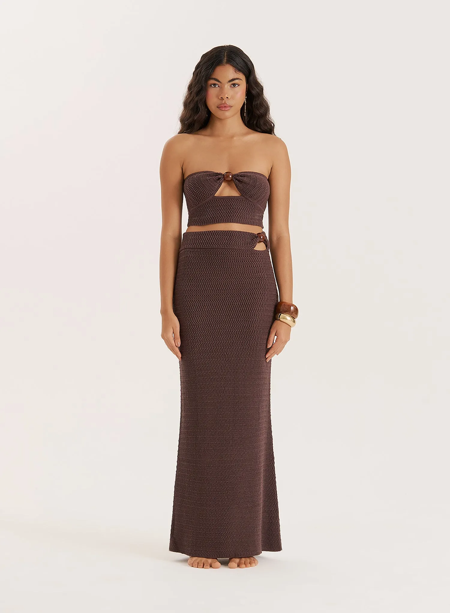 Brown Knitted Bead Detail Maxi Skirt sold by 4th and Reckless