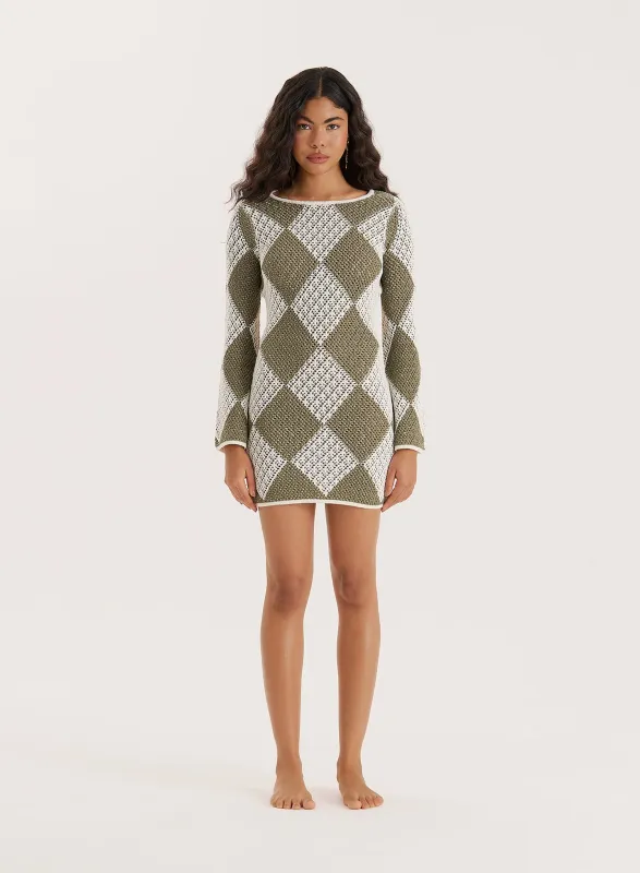 Green Crochet Knit Open Back Mini Dress- Florina sold by 4th and Reckless