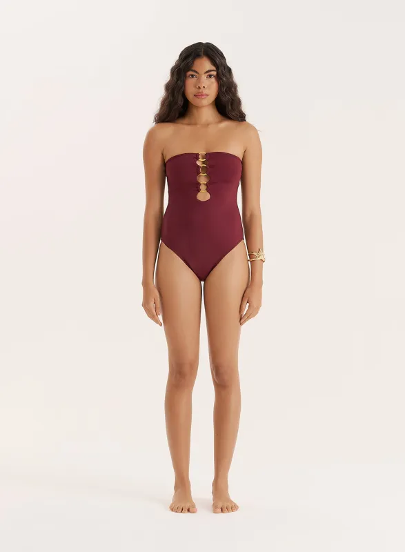 Burgundy Gold Ring Cut Out Bandeau Swimsuit- Nala sold by 4th and Reckless
