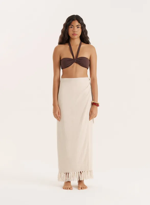 Ecru Linen Blend Fringe Trim Midi Skirt- Amey sold by 4th and Reckless