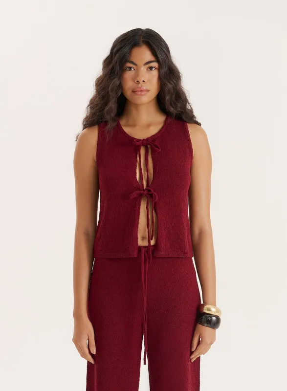 Burgundy Knitted Tie Front Sleeveless Top sold by 4th and Reckless