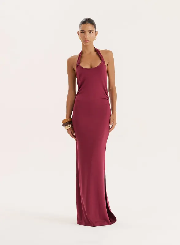 Plum Knot Detail Halterneck Jersey Maxi Dress- Evie sold by 4th and Reckless
