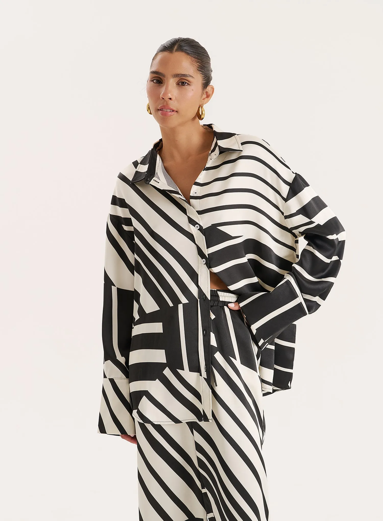 Black And White Abstract Print Satin Shirt sold by 4th and Reckless