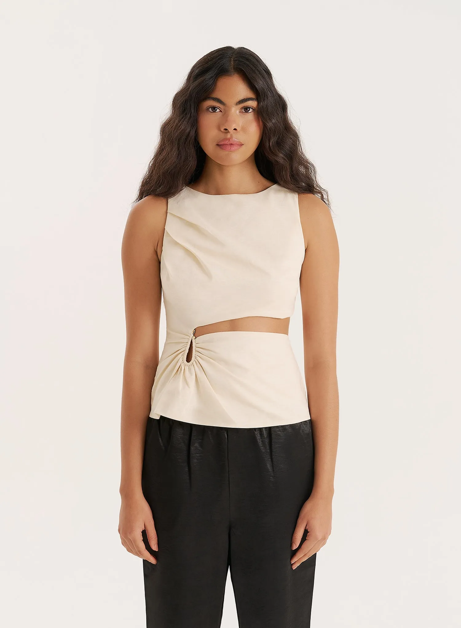 Cream Linen Blend Cut Out Hardware Detail Top sold by 4th and Reckless