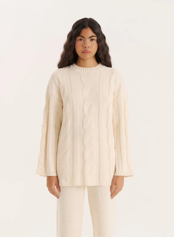 Ecru Fine Cable Knit Long Sleeve Jumper sold by 4th and Reckless