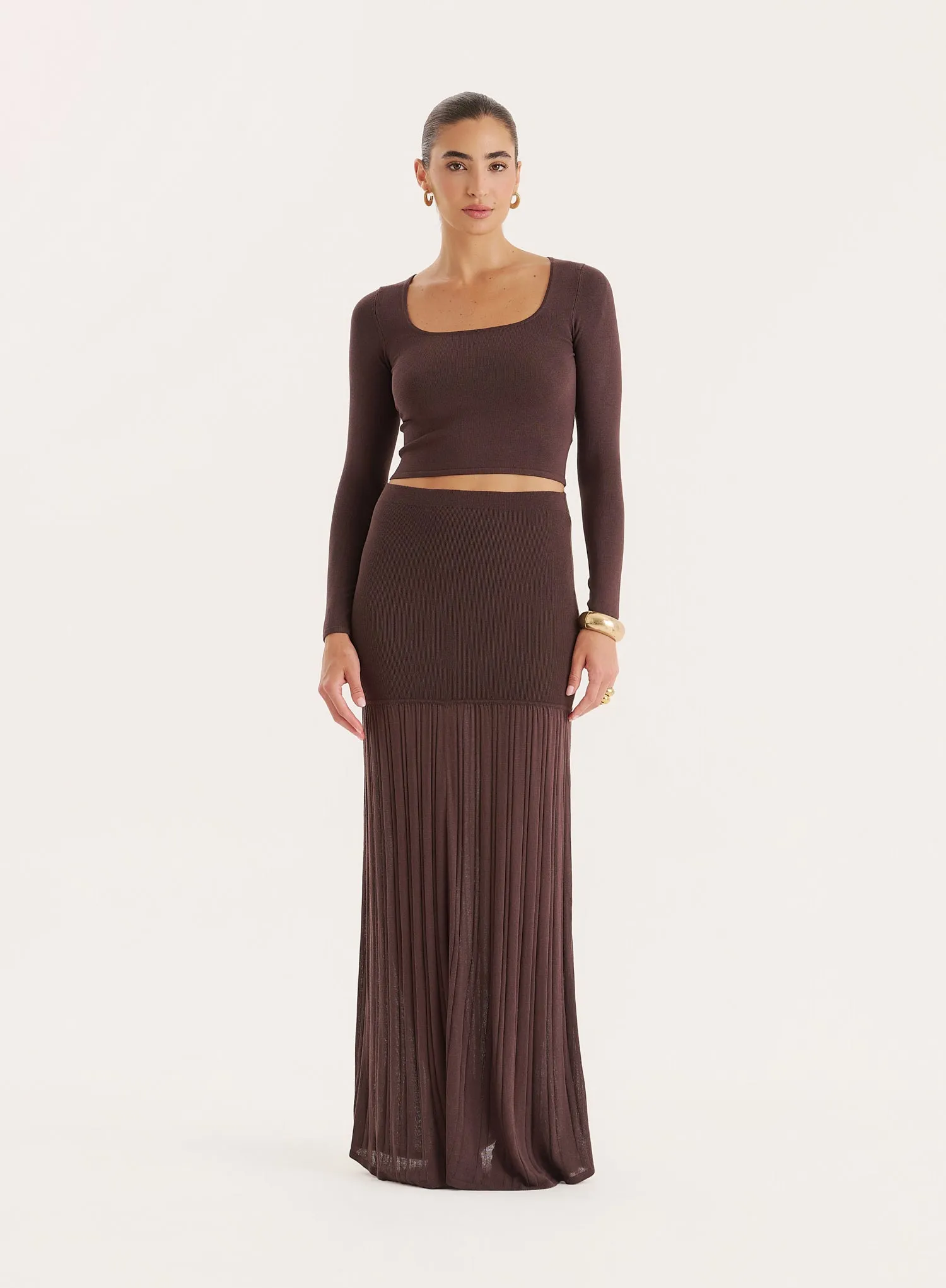 Chocolate Knitted Drop Waist Maxi Skirt sold by 4th and Reckless