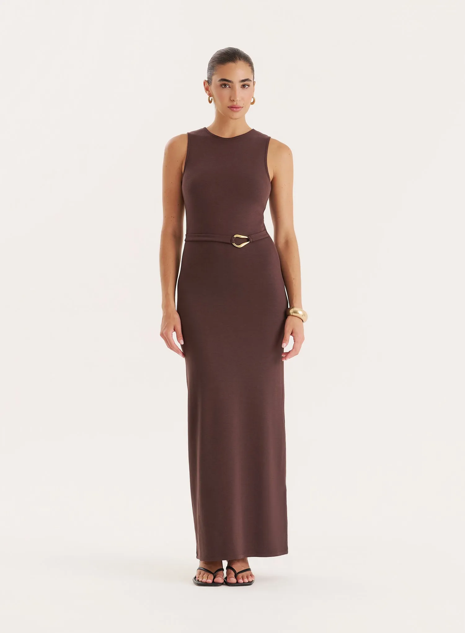 Chocolate Gold Hardware Belt Detail Maxi Dress- Arden sold by 4th and Reckless