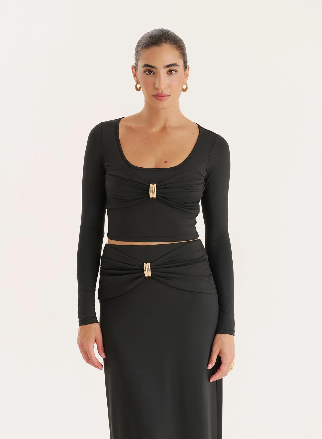 Black Bust Detail Long Sleeve Cropped Top sold by 4th and Reckless