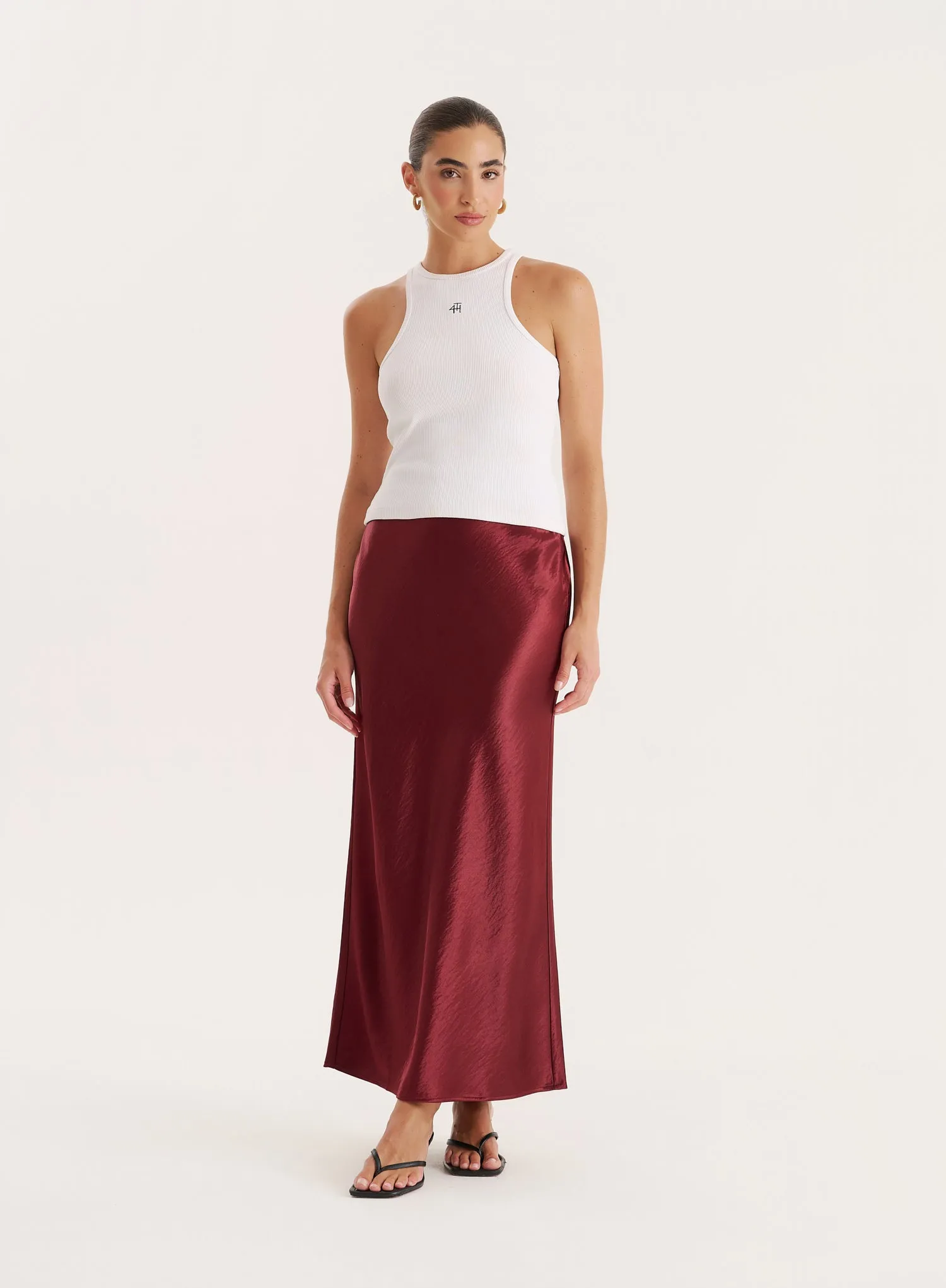 Burgundy Satin Maxi Skirt sold by 4th and Reckless