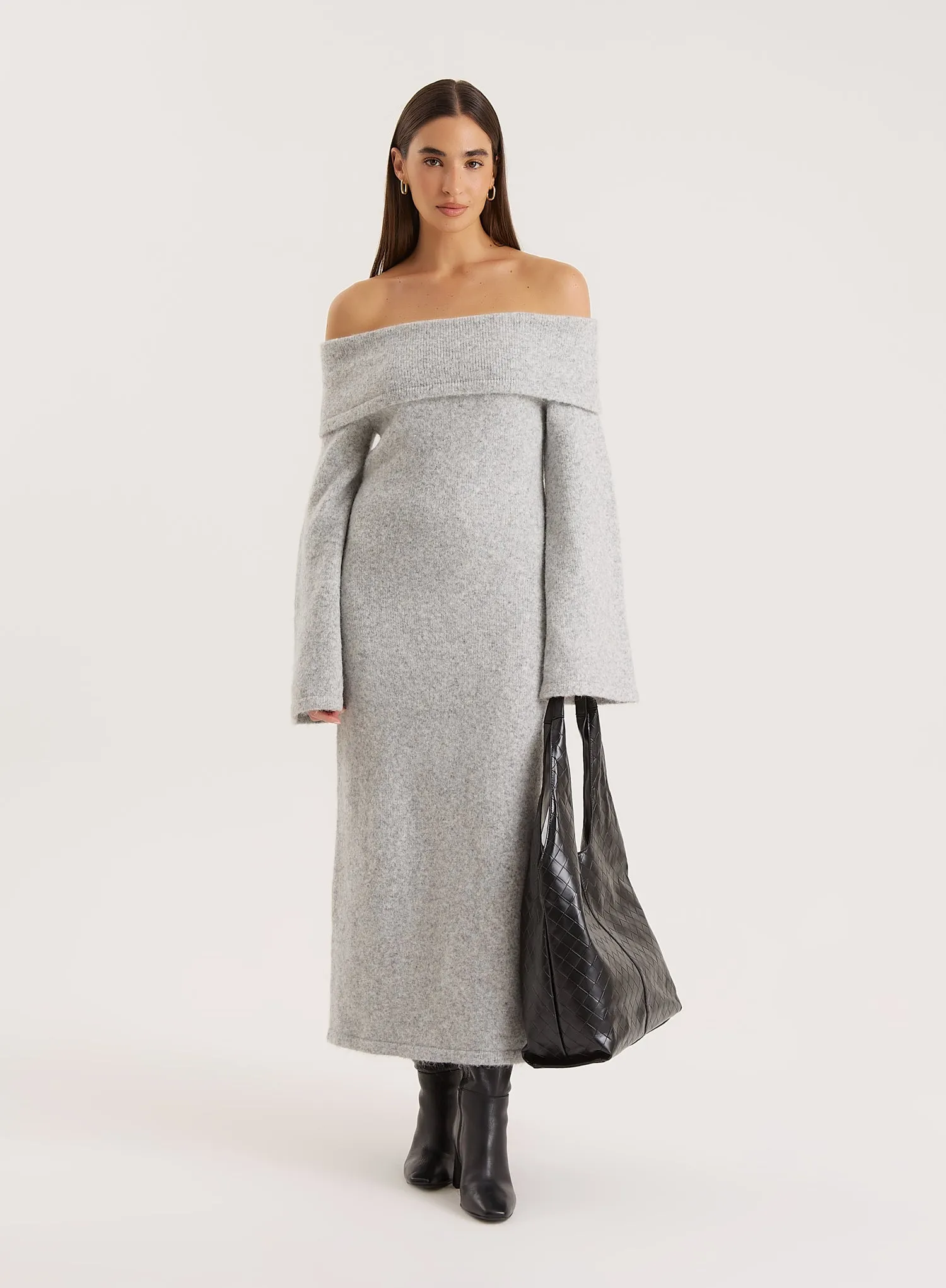 Grey Off Shoulder Wool Blend Knitted Maxi Dress sold by 4th and Reckless