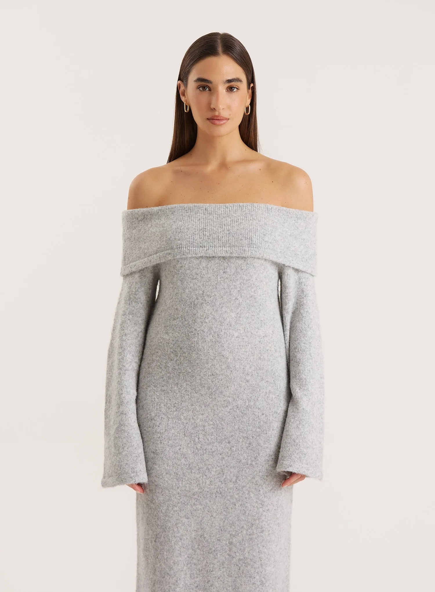 Grey Off Shoulder Wool Blend Knitted Maxi Dress sold by 4th and Reckless product image thumbnail 2