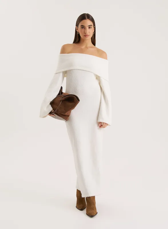 Cream Off Shoulder Wool Blend Knitted Maxi Dress sold by 4th and Reckless