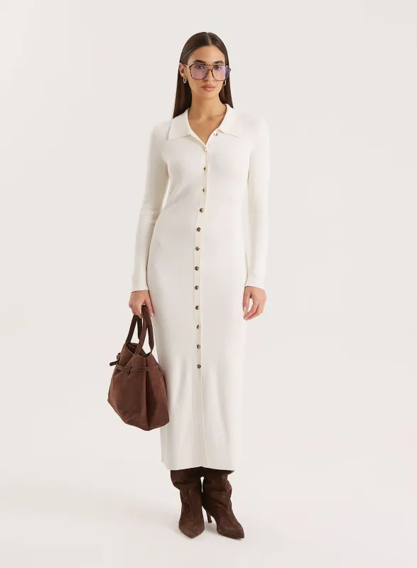 Off White Collared Button Down Knitted Dress- Taye sold by 4th and Reckless