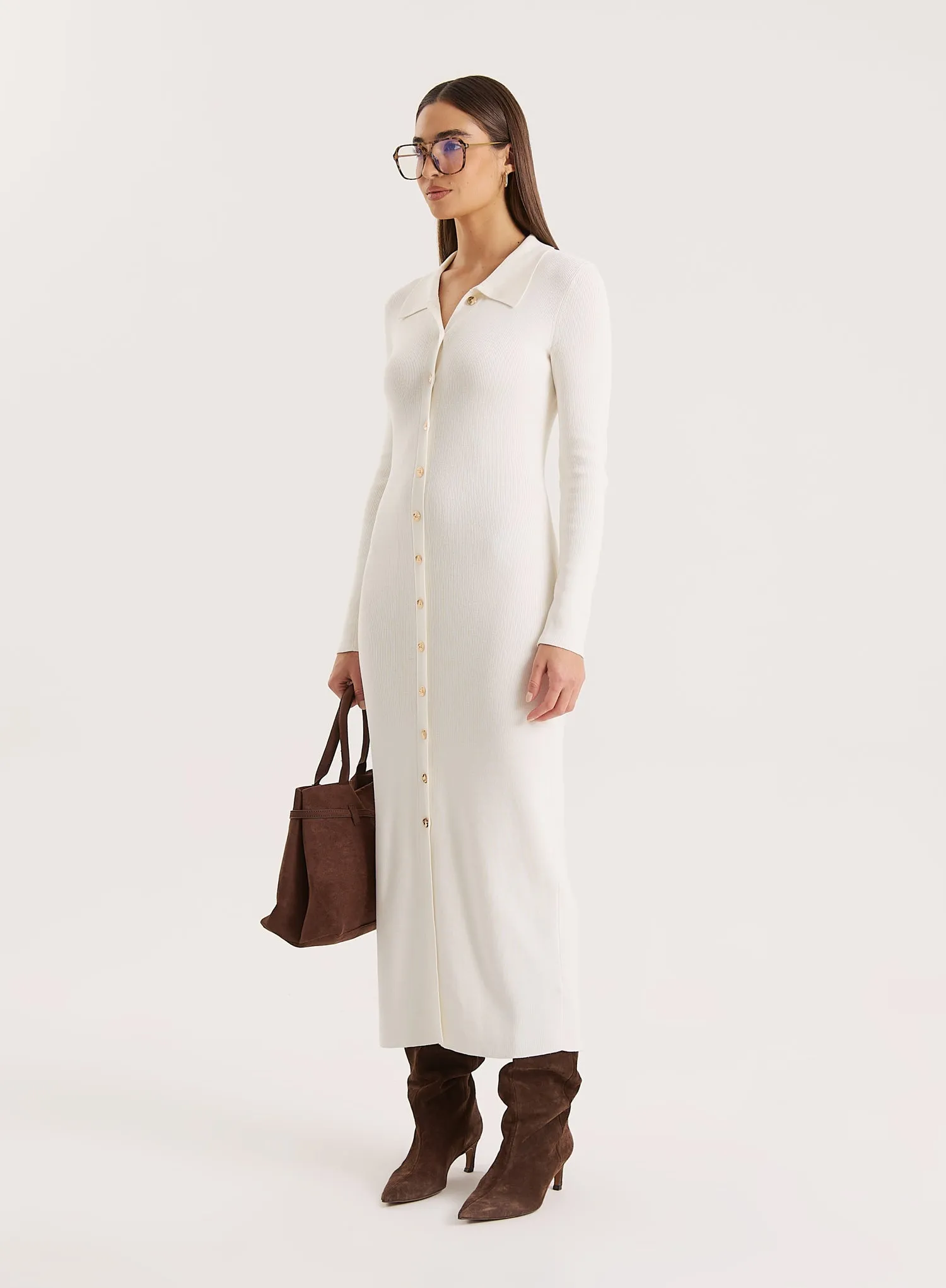 Off White Collared Button Down Knitted Dress- Taye sold by 4th and Reckless product image thumbnail 2