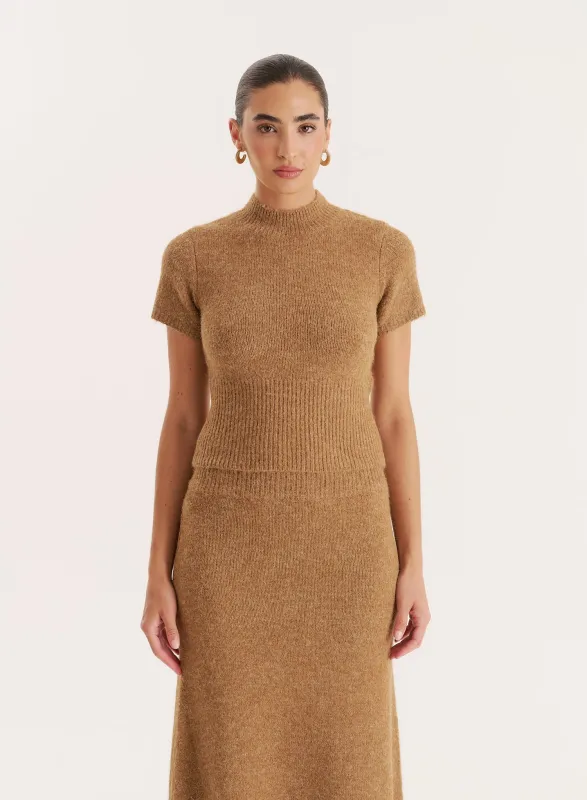 Camel Knitted Ribbed Waist Band Crop Top sold by 4th and Reckless