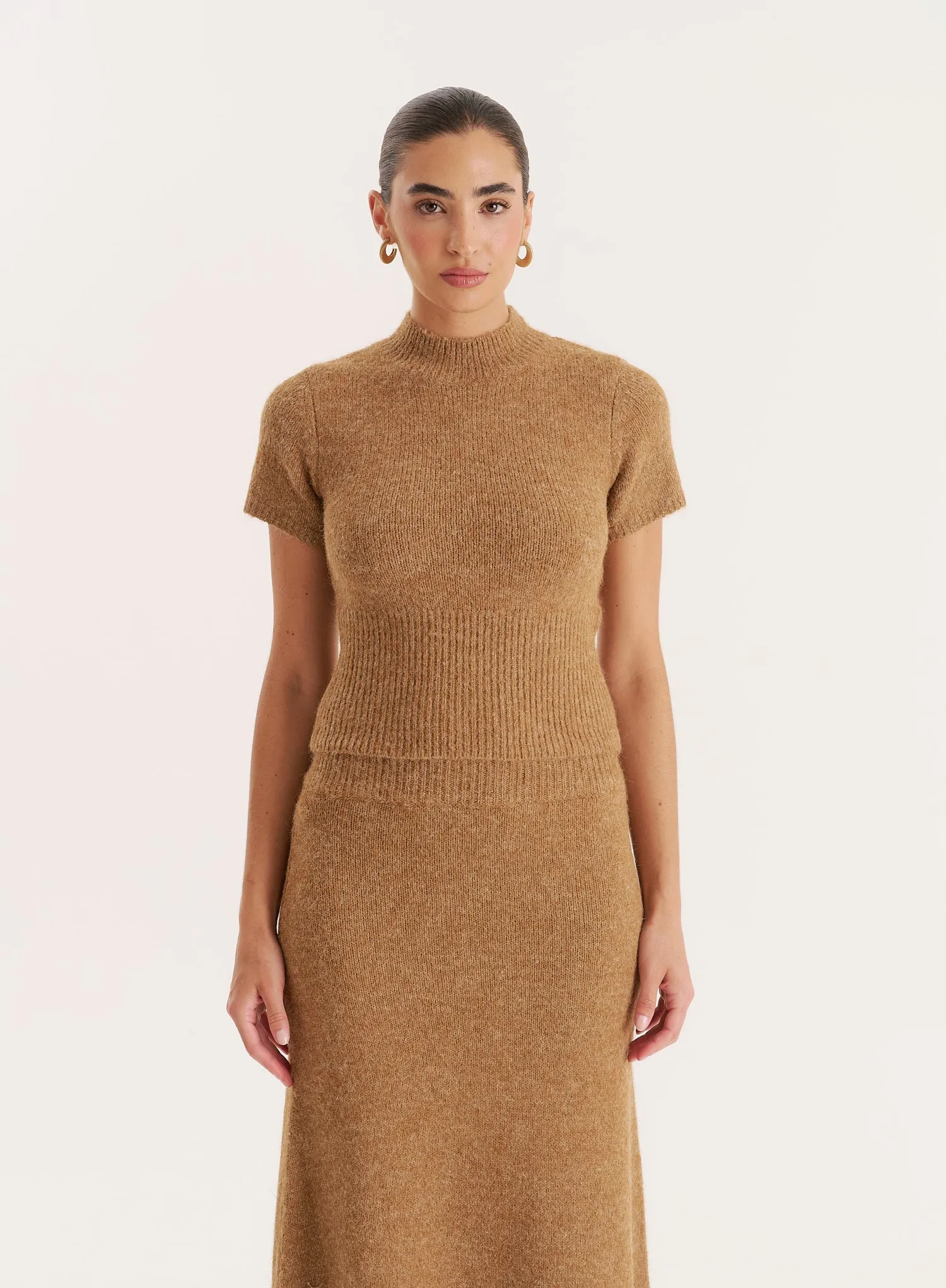 Camel Knitted Ribbed Waistband Crop Top sold by 4th and Reckless