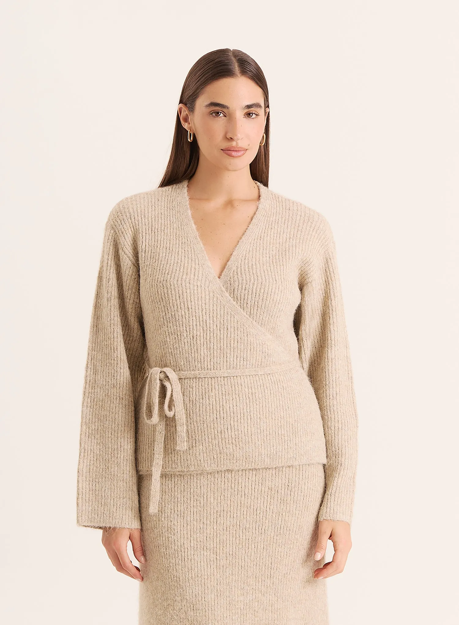 Oatmeal Knitted Tie Front Wrap Top sold by 4th and Reckless