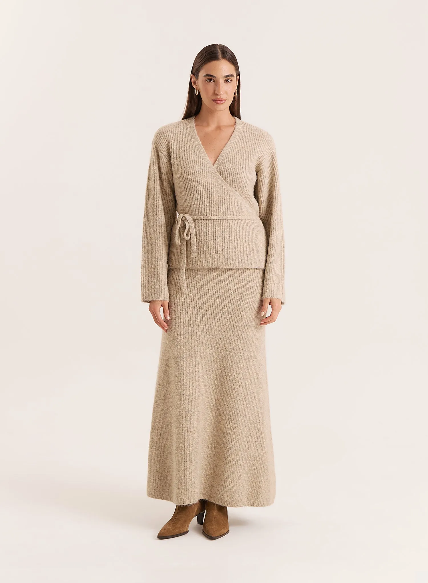 Oatmeal Knitted Tie Front Wrap Top sold by 4th and Reckless product image thumbnail 2