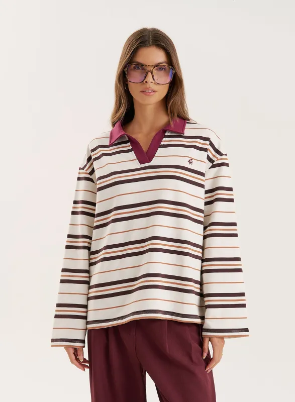 Cream And Chocolate Stripe Contrast Collar Rugby Top sold by 4th and Reckless